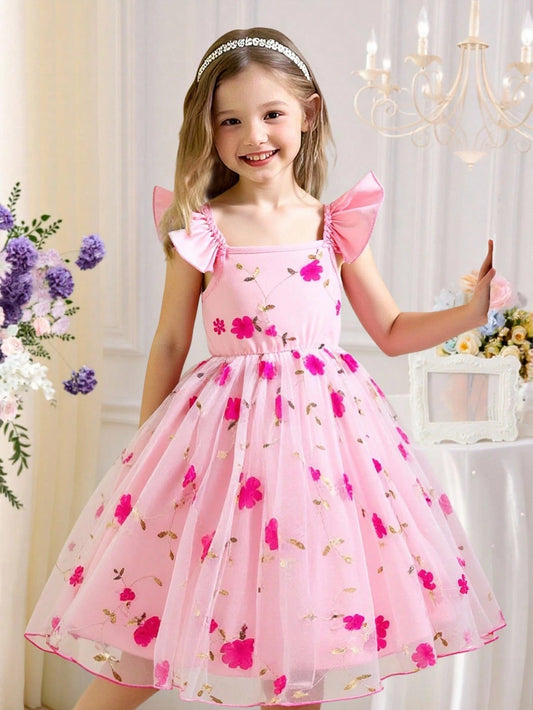 Vestido Rosa Fucsia De Tul Con Flores Para Niña