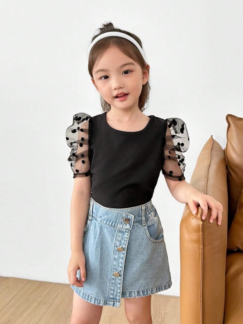 Blusa Negra Manga Transparente con Lunares Para Niña