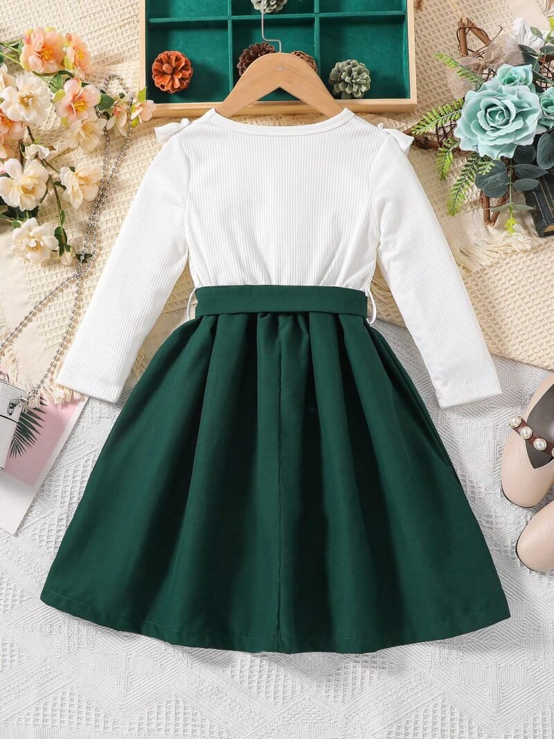 Vestido Blanco Y Verde Con Moño Y Bordado Floral Para Niña - Imagen 2