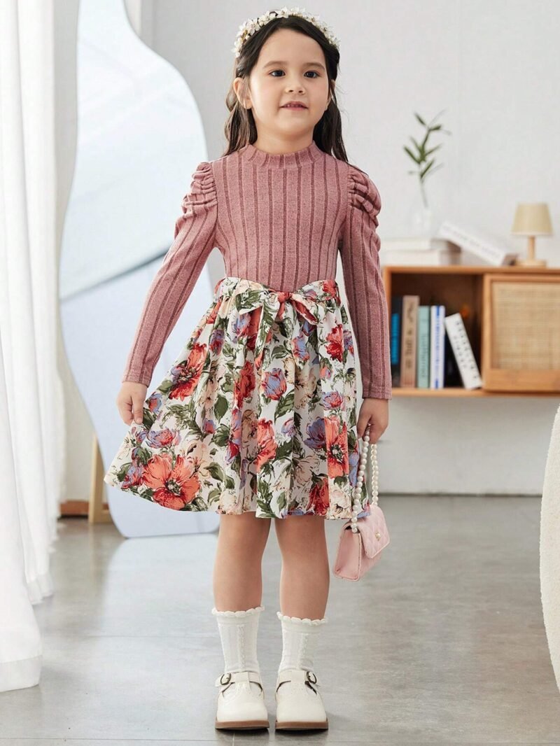 Vestido Rosa Y Floral De Manga Larga Con Moño Para Niña