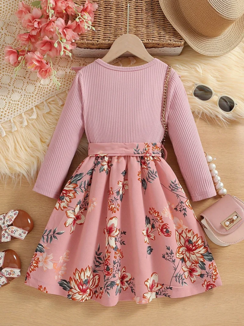 Vestido Rosa De Manga Larga Con Flores Y Moño - Imagen 2