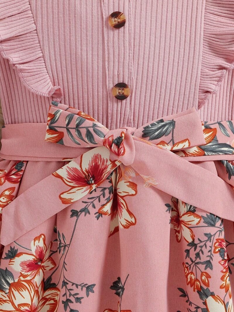 Vestido Rosa De Manga Larga Con Flores Y Moño - Imagen 4