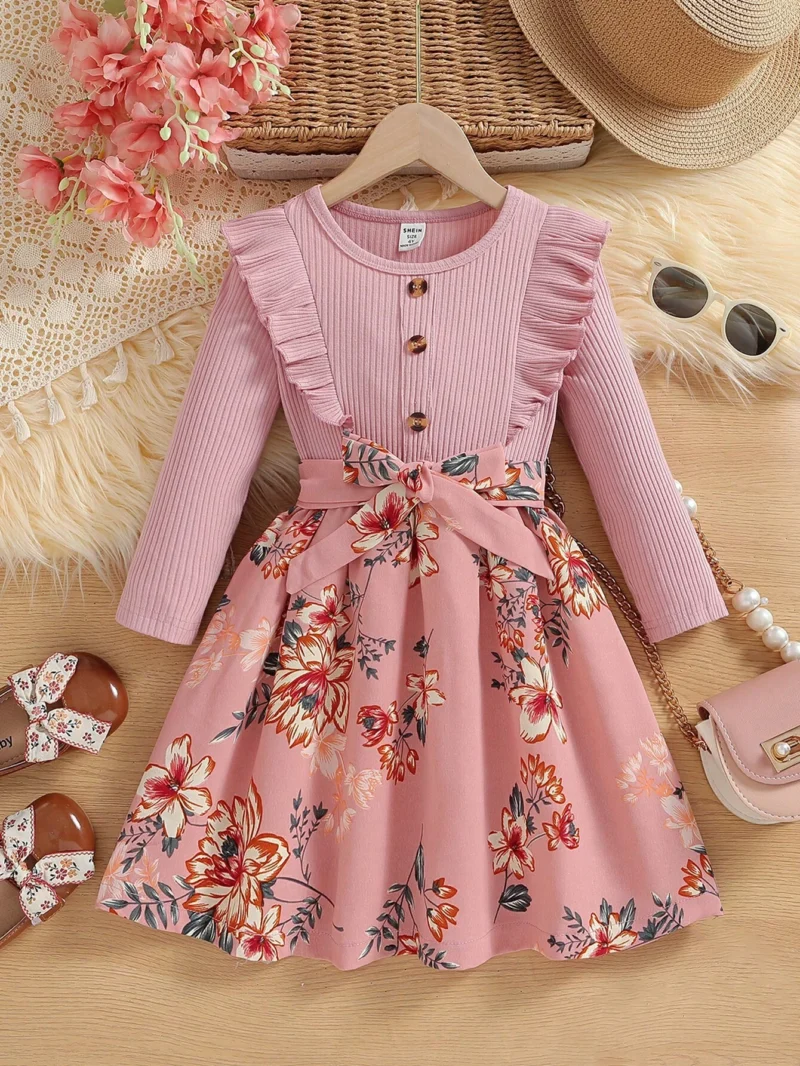 Vestido Rosa De Manga Larga Con Flores Y Moño