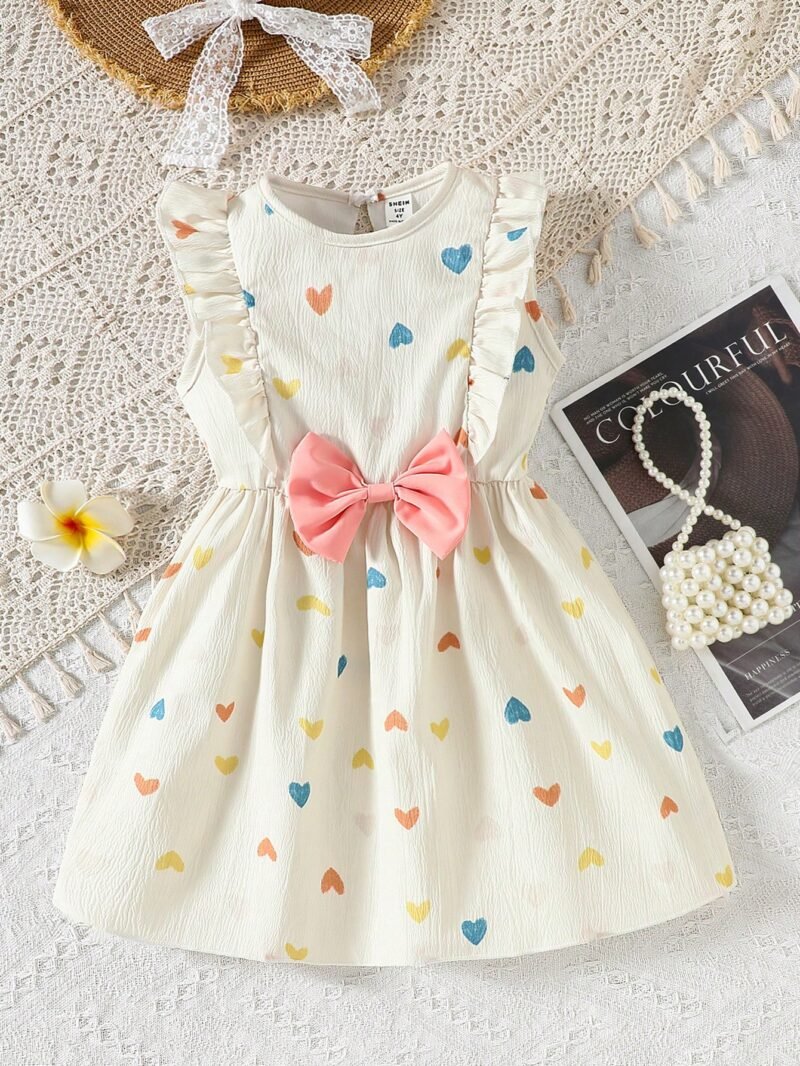 Vestido Estampado de Corazones con Moño Para Niña