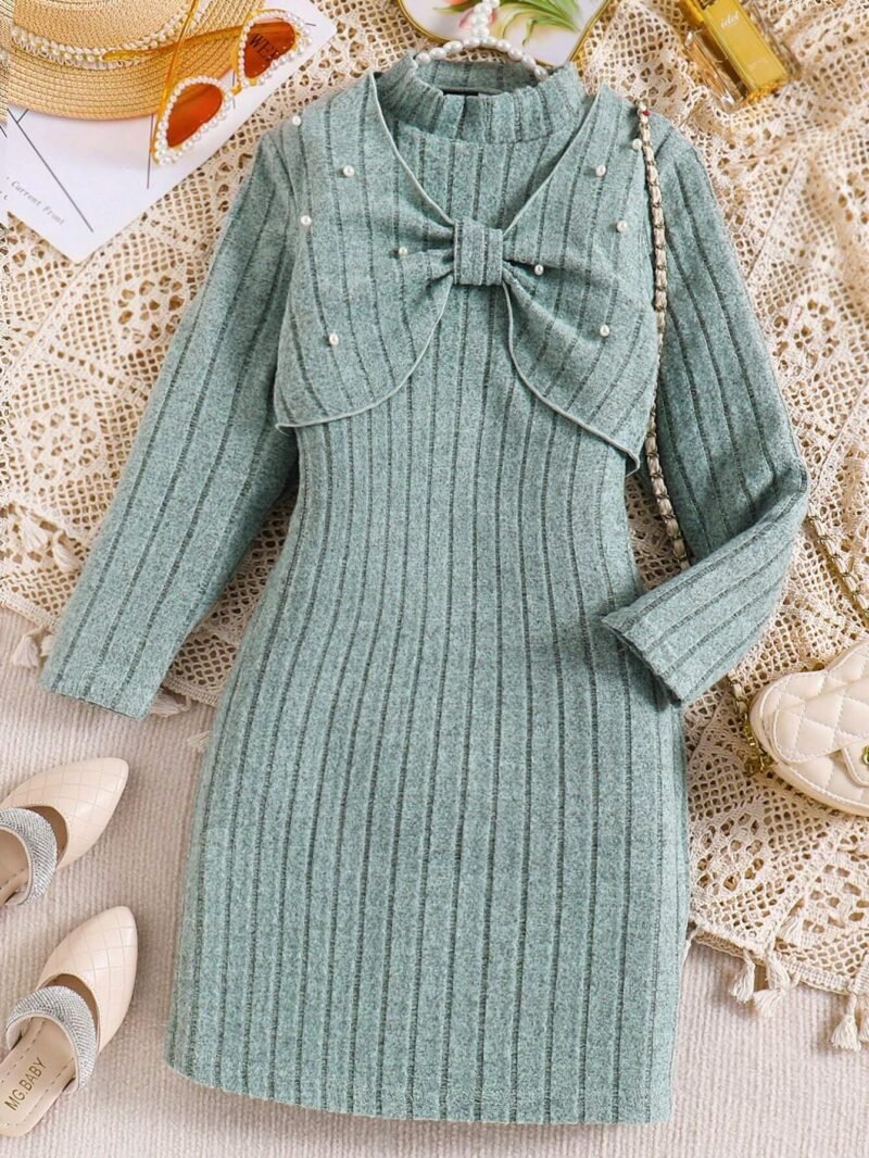 Conjunto Verde de Vestido y Chaqueta con Perlas Para Niña - Imagen 3