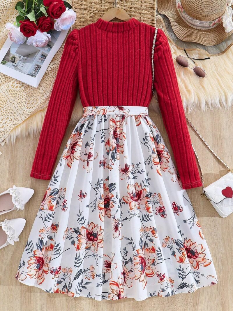 Vestido Rojo con Falda Floral y Lazo Para Niña - Imagen 2