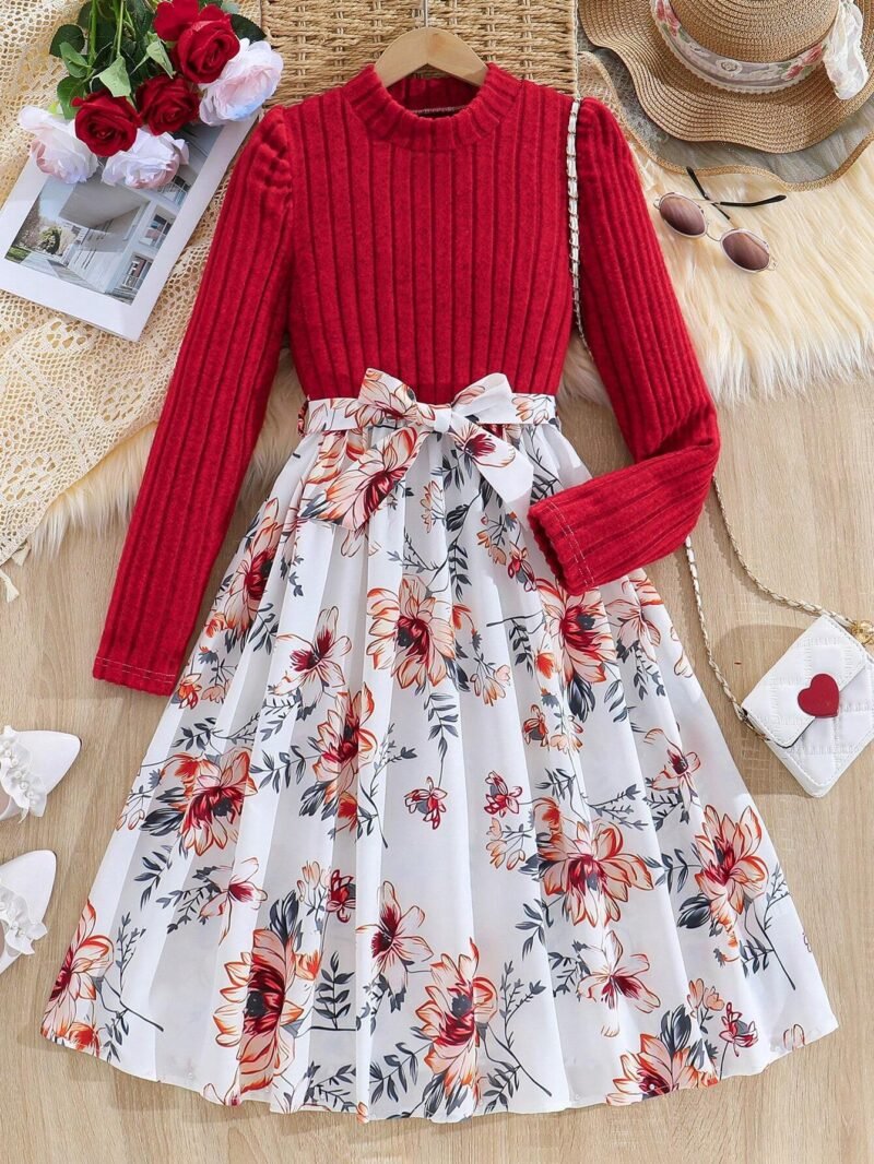 Vestido Rojo con Falda Floral y Lazo Para Niña