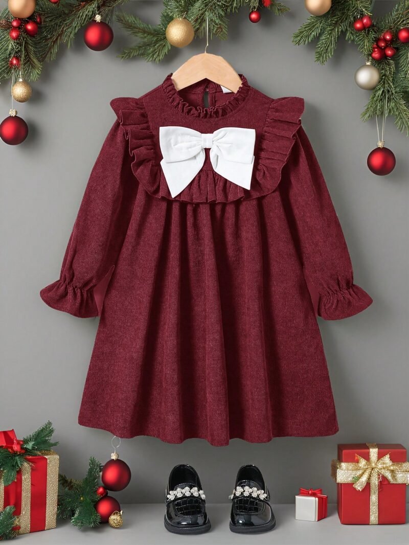 Vestido Burdeos Con Moño Grande Y Volantes Para Niñas - Imagen 2