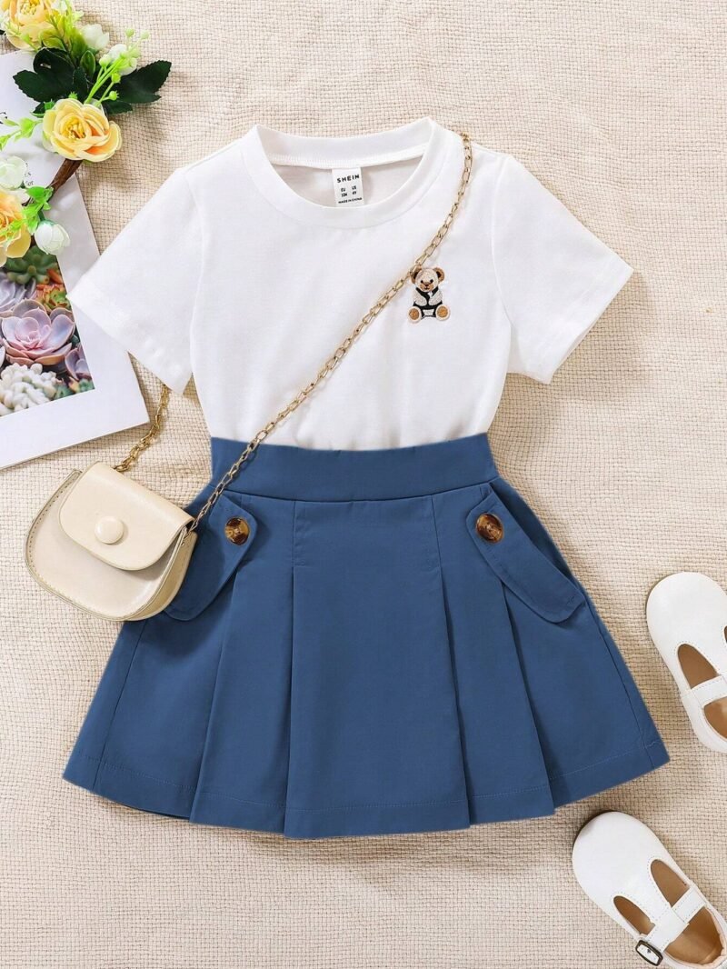 Conjunto De Blusa y Falda Azul Oso Bordado Para Niña