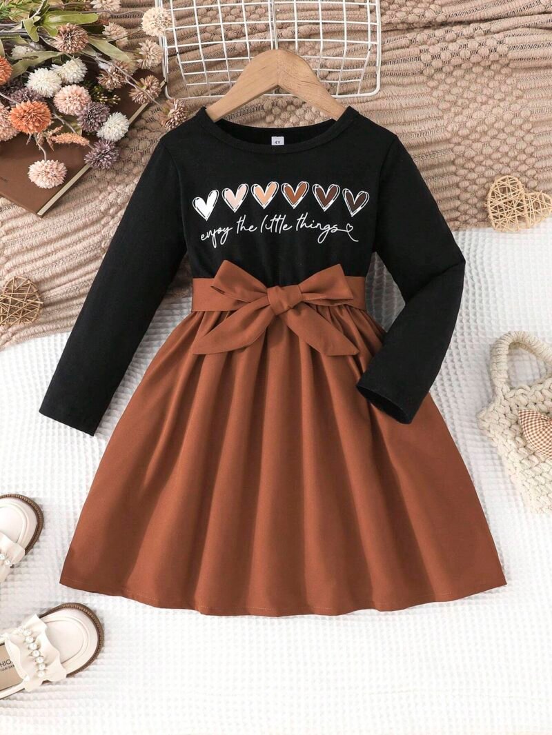 Vestido Casual Para Niña Con Moño Y Estampado De Corazones