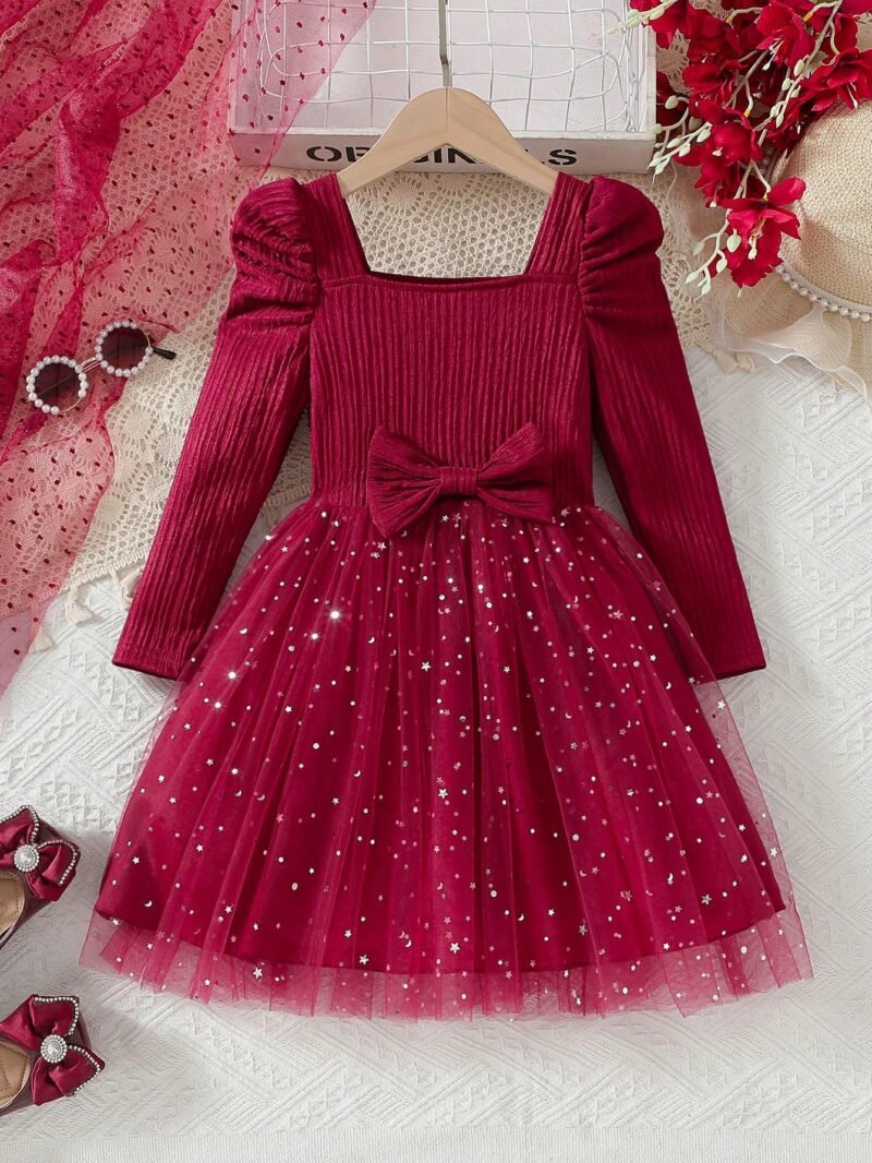 Vestido Rojo Con Moño Y Lentejuelas Para Niña - Imagen 2