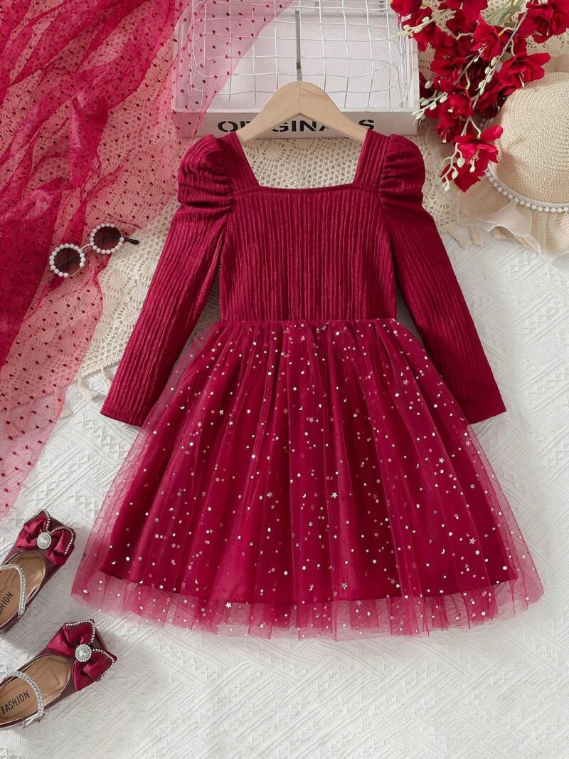 Vestido Rojo Con Moño Y Lentejuelas Para Niña - Imagen 3