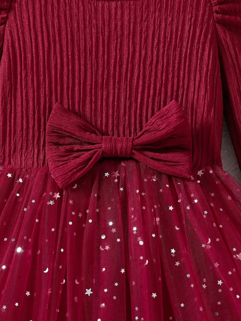 Vestido Rojo Con Moño Y Lentejuelas Para Niña - Imagen 4