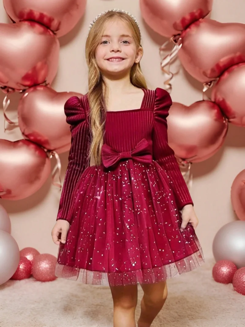 Vestido Rojo Con Moño Y Lentejuelas Para Niña