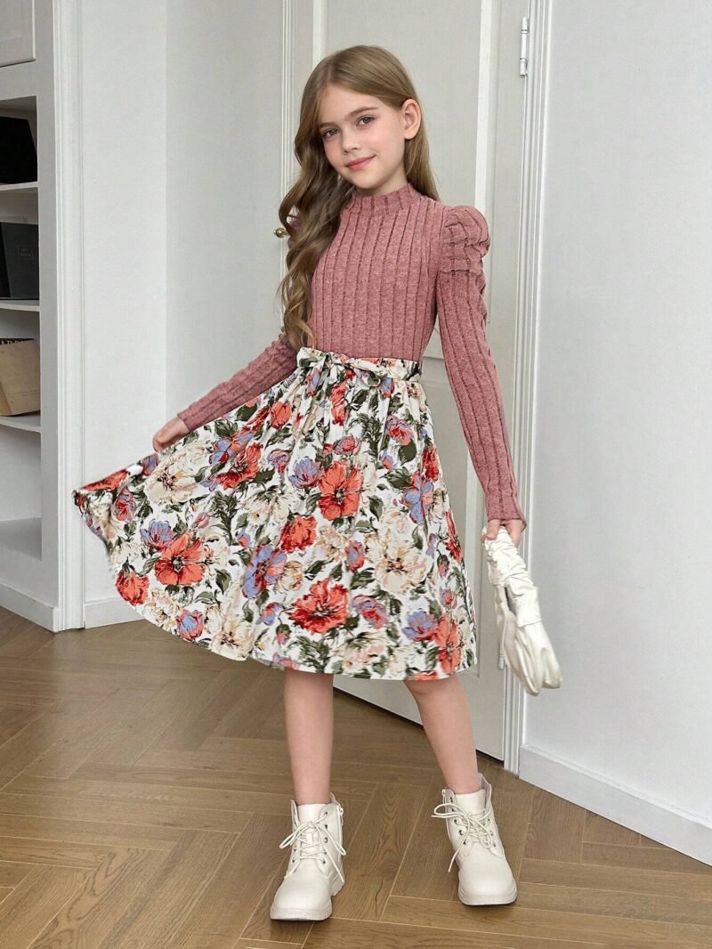 Vestido Rosa Con Manga Larga Y Falda Floral Para Niña - Imagen 4