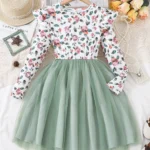 Vestido Floral con Falda de Tul Verde para Niña, manga larga con estampado floral multicolor y falda en tul verde pastel