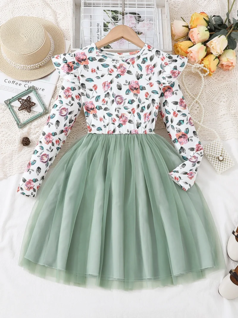 Vestido Floral con Falda de Tul Verde para Niña, manga larga con estampado floral multicolor y falda en tul verde pastel