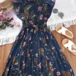 Vestido azul marino floral para niña con cuello alzado y cinturón.