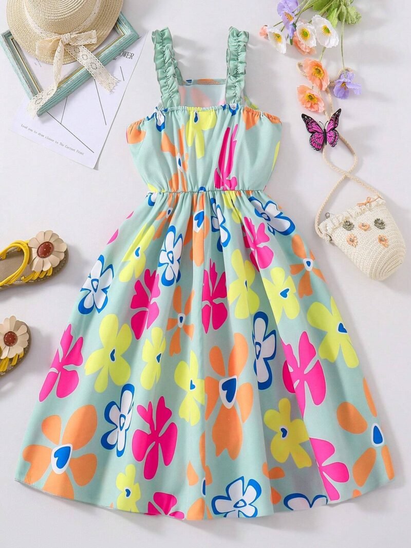 Imagen trasera: Vestido verde floral con tirantes para niña visto de espalda.