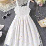 Vestido de tirantes para niñas con estampado de margaritas y falda de tul en color blanco.