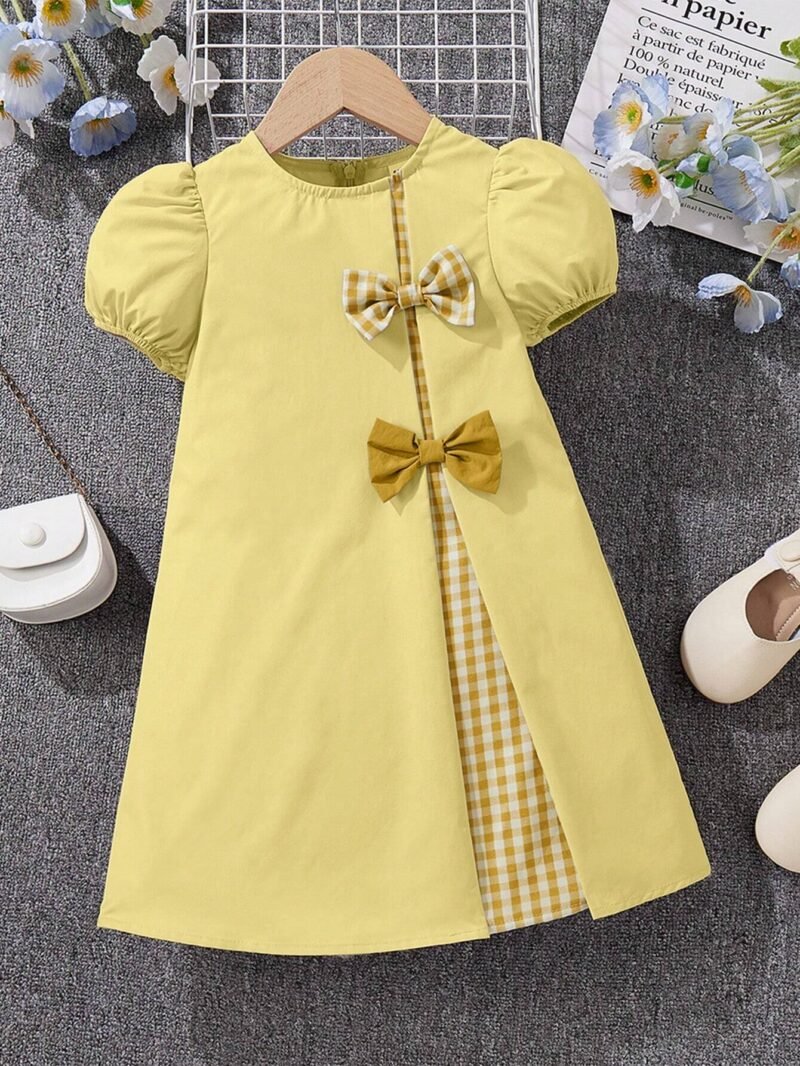 Vestido Amarillo De Algodón Con Lazos Y Detalle Cuadros Para Niña