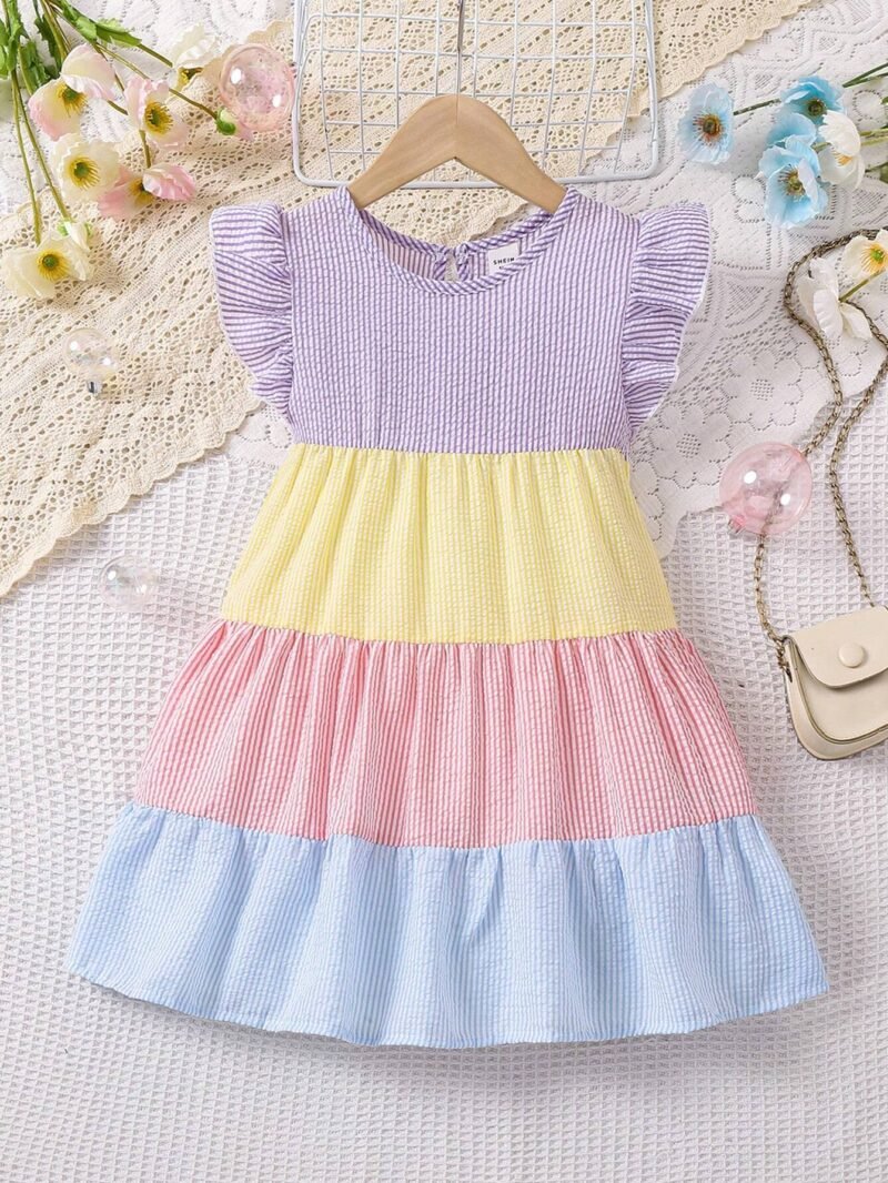 Vestido para niña multicolor con volantes en percha sobre fondo decorado.