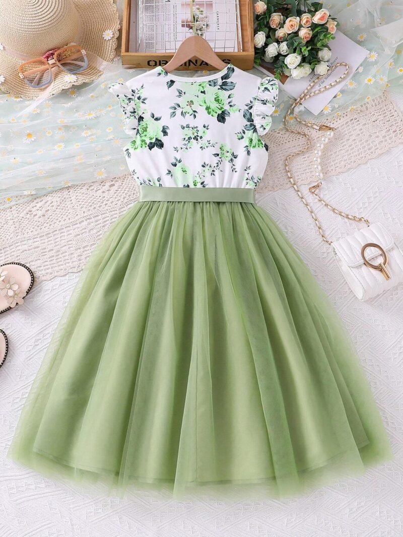 Imagen trasera: Vestido verde floral con tirantes para niña visto de espalda.