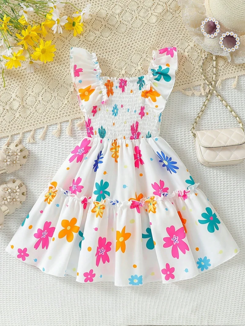 Vestido Blanco Multicolor Con Volantes Y Estampado Floral Para Niña - Imagen 2