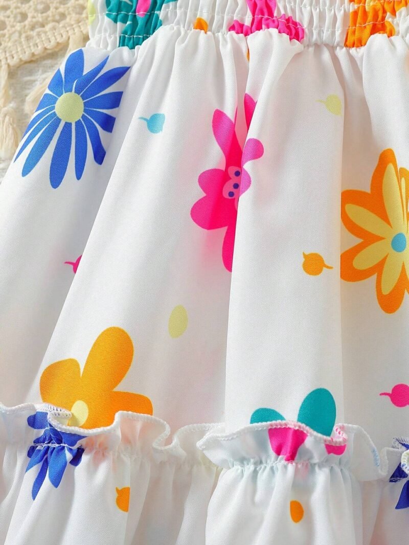 Vestido Blanco Multicolor Con Volantes Y Estampado Floral Para Niña - Imagen 3
