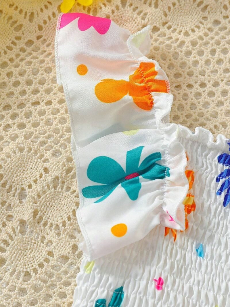 Vestido Blanco Multicolor Con Volantes Y Estampado Floral Para Niña - Imagen 4