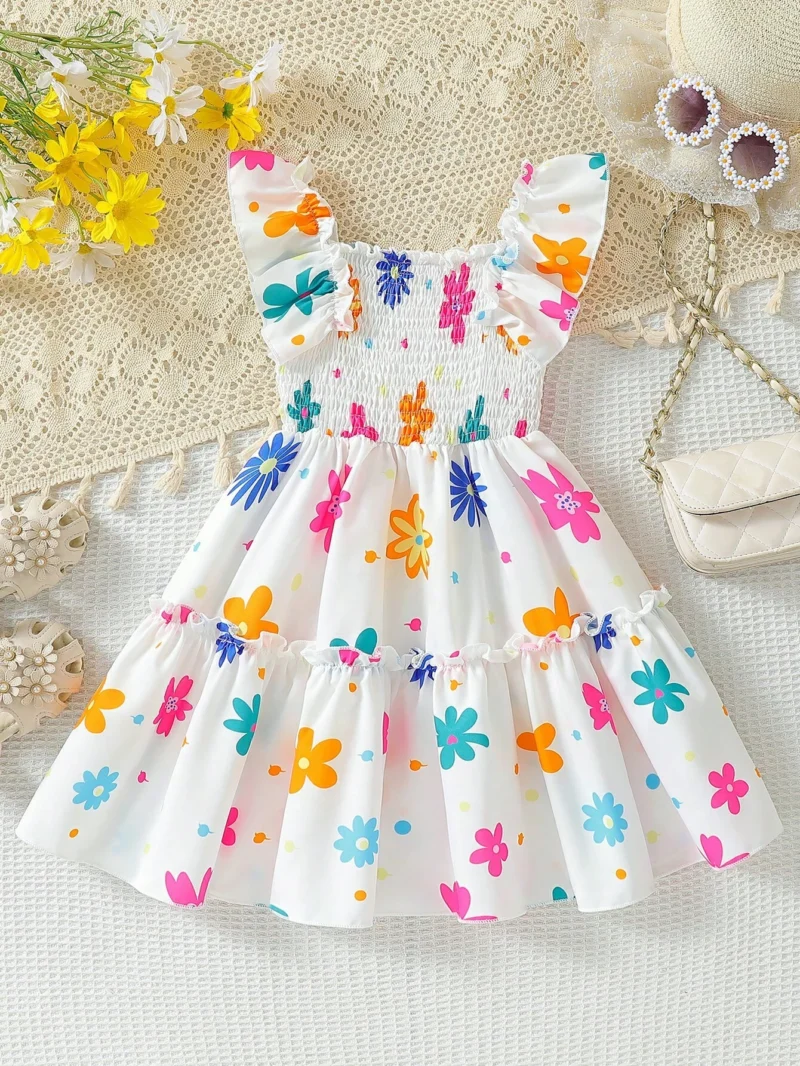 Vestido Blanco Multicolor Con Volantes Y Estampado Floral Para Niña