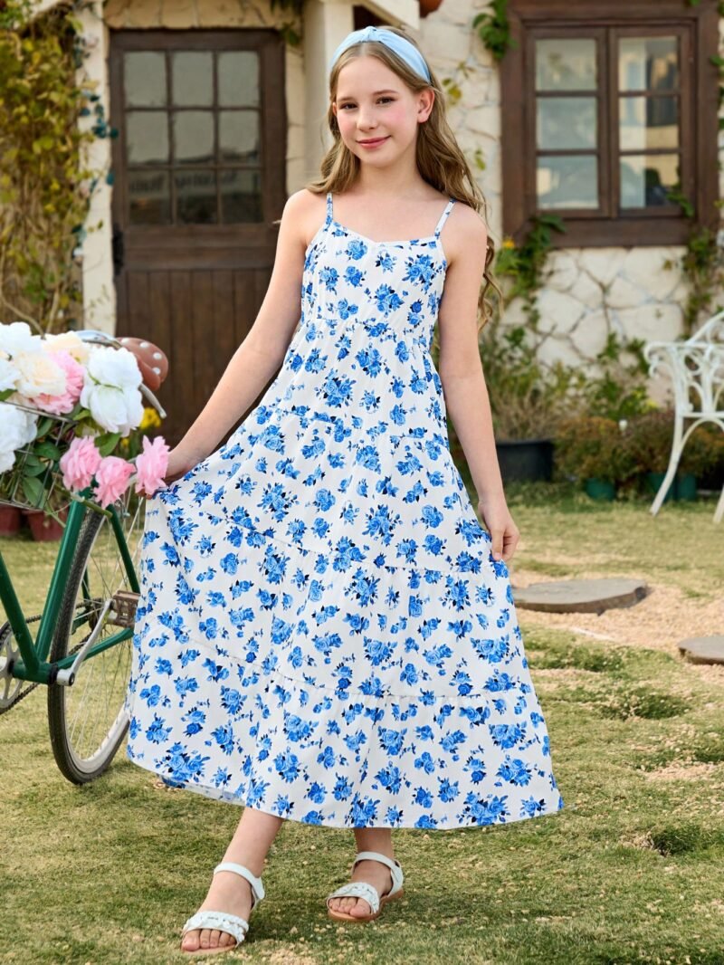 Detalle de la espalda con abertura y lazo del vestido largo azul floral con abertura para niña.