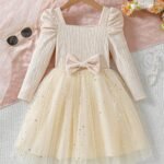 Vestido albaricoque con tul y lazo para niña, vista frontal mostrando falda brillante y detalle fruncido.