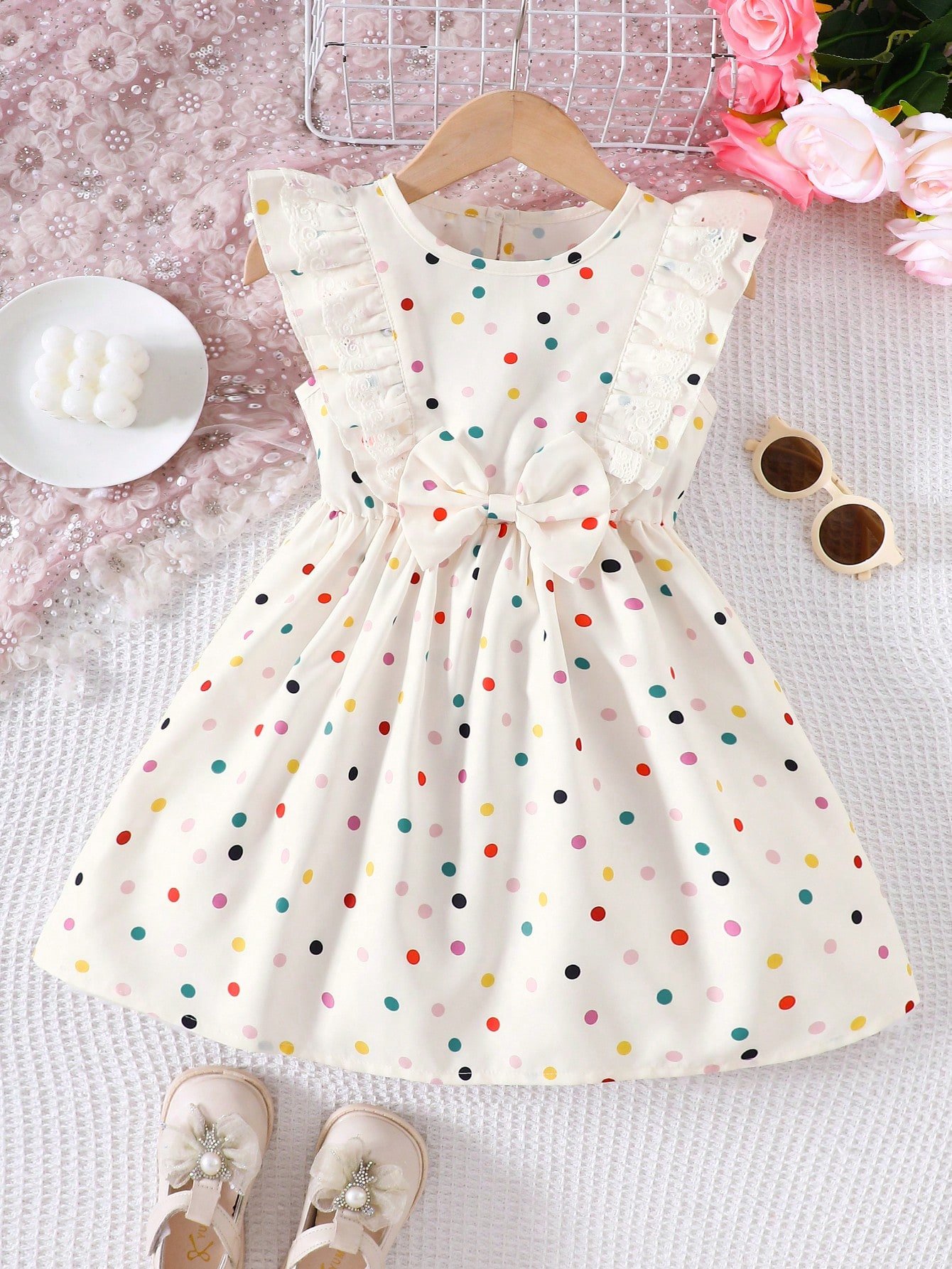 Imagen frontal: Vestido albaricoque de lunares para niña con volantes y lazo frontal.