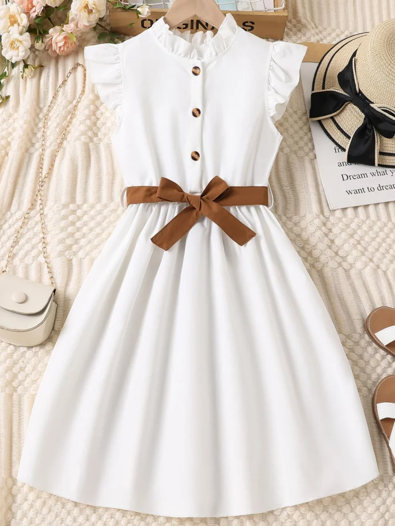 Vestido Blanco Con Cinturón Marrón Para Niña
