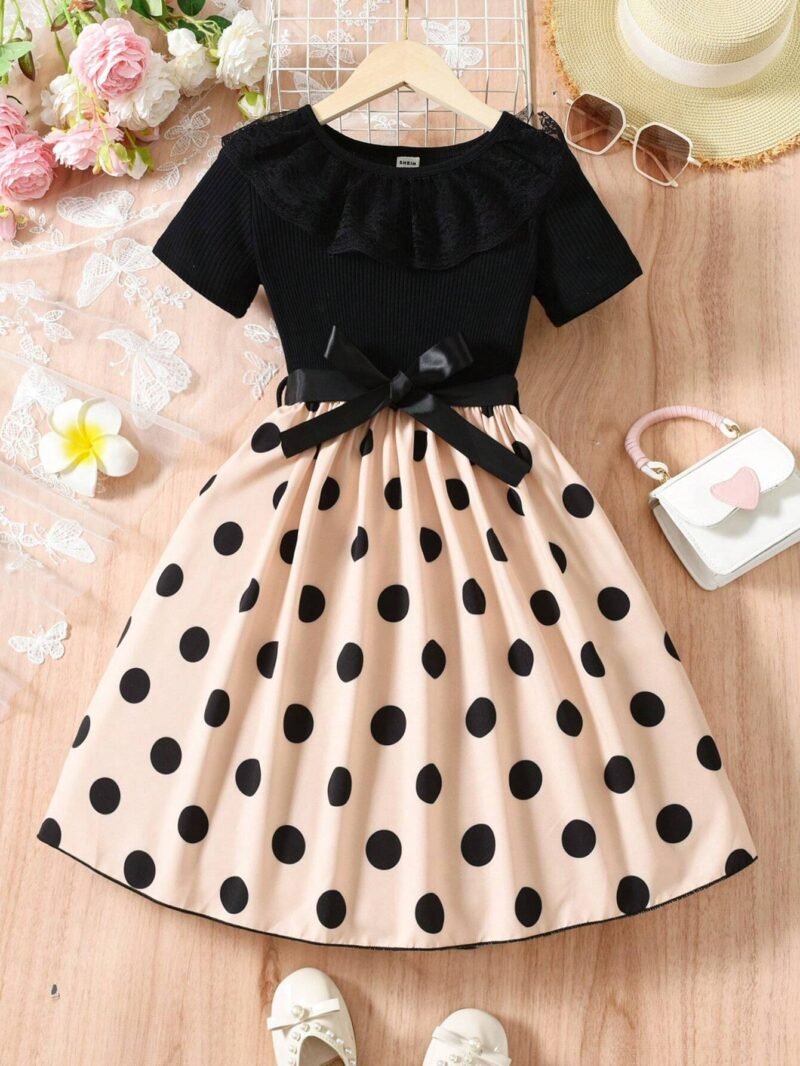 Vestido De Lunares Con Moño Y Cuello De Encaje Para Niña