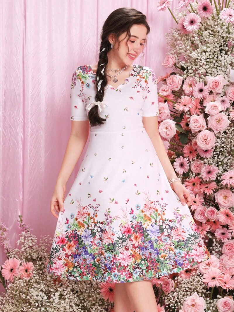 Vestido Blanco Con Estampado Floral Para Niña - Imagen 3