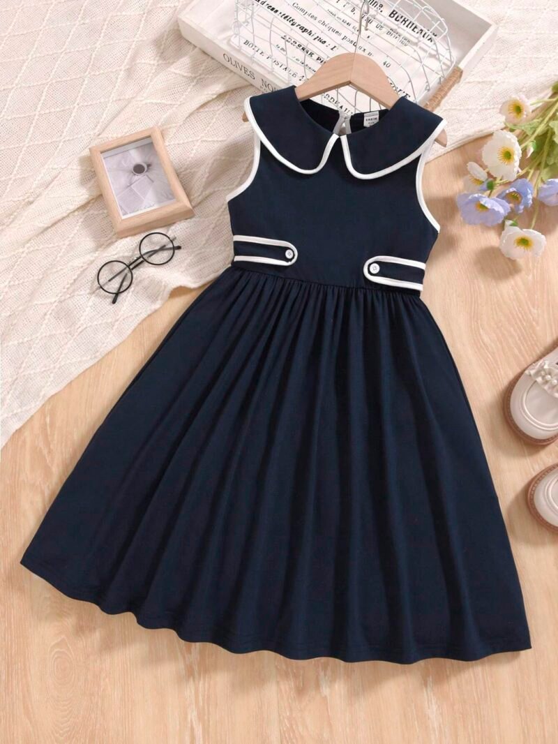 Vestido Azul Con Cuello Peter Pan Para Niña