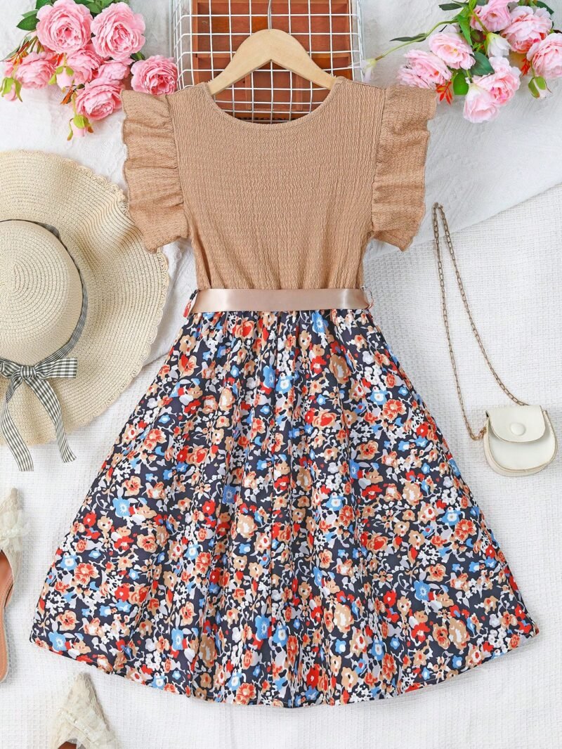 Vestido Caqui Floral Con Lazo Para Niña - Imagen 2