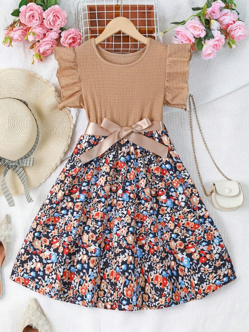 Vestido Caqui Floral Con Lazo Para Niña