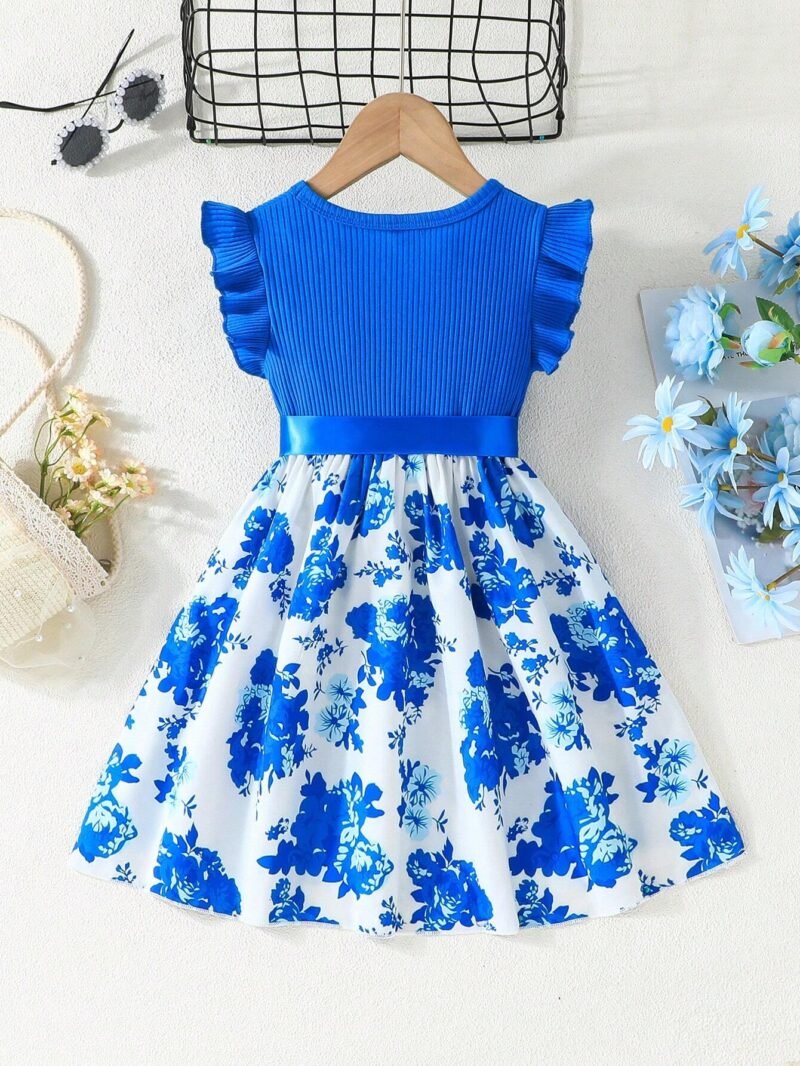 Vestido Azul Floral Con Volantes Para Niña - Imagen 2