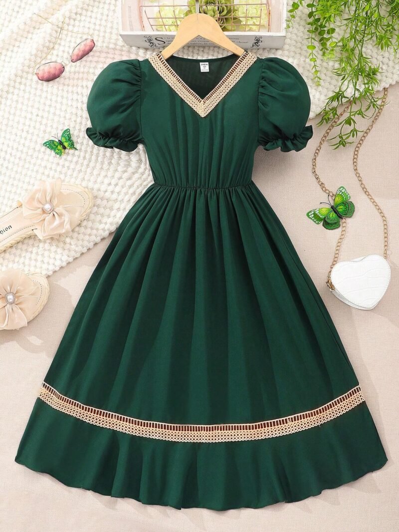 Vestido Verde Oscuro Elegante Con Encaje Para Niña