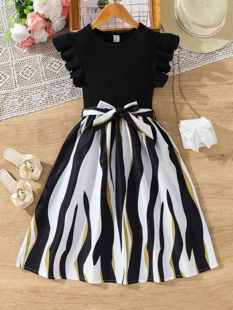 Vestido Negro Con Estampado Cebra Para Niña Con Cinturón