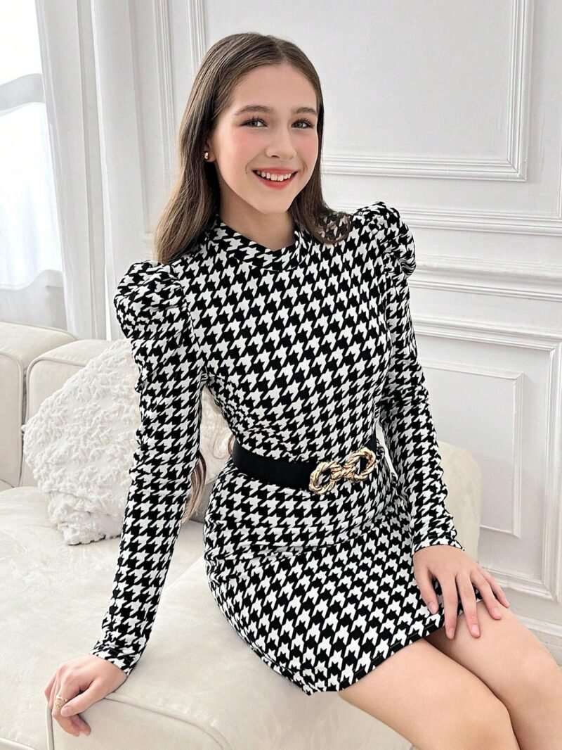 Vestido Pata De Gallo Blanco Y Negro Para Niña Adolescente - Imagen 4