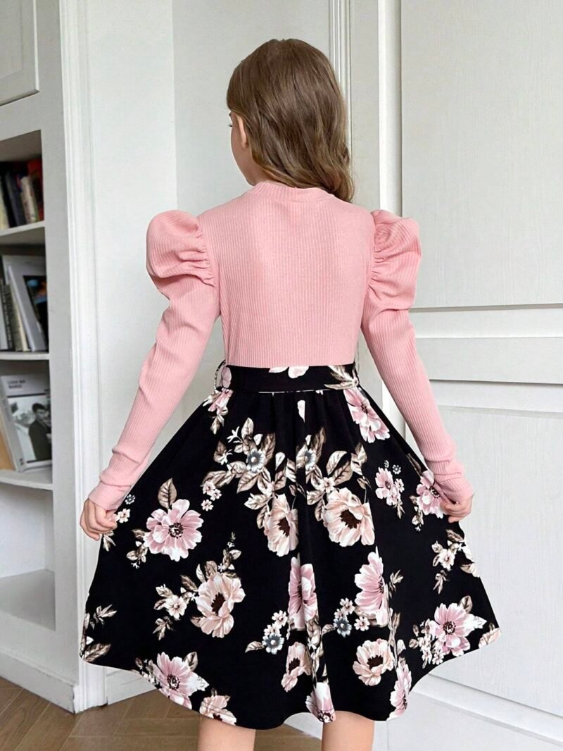 Vestido Rosa Elegante Con Falda Floral Para Niña - Imagen 2