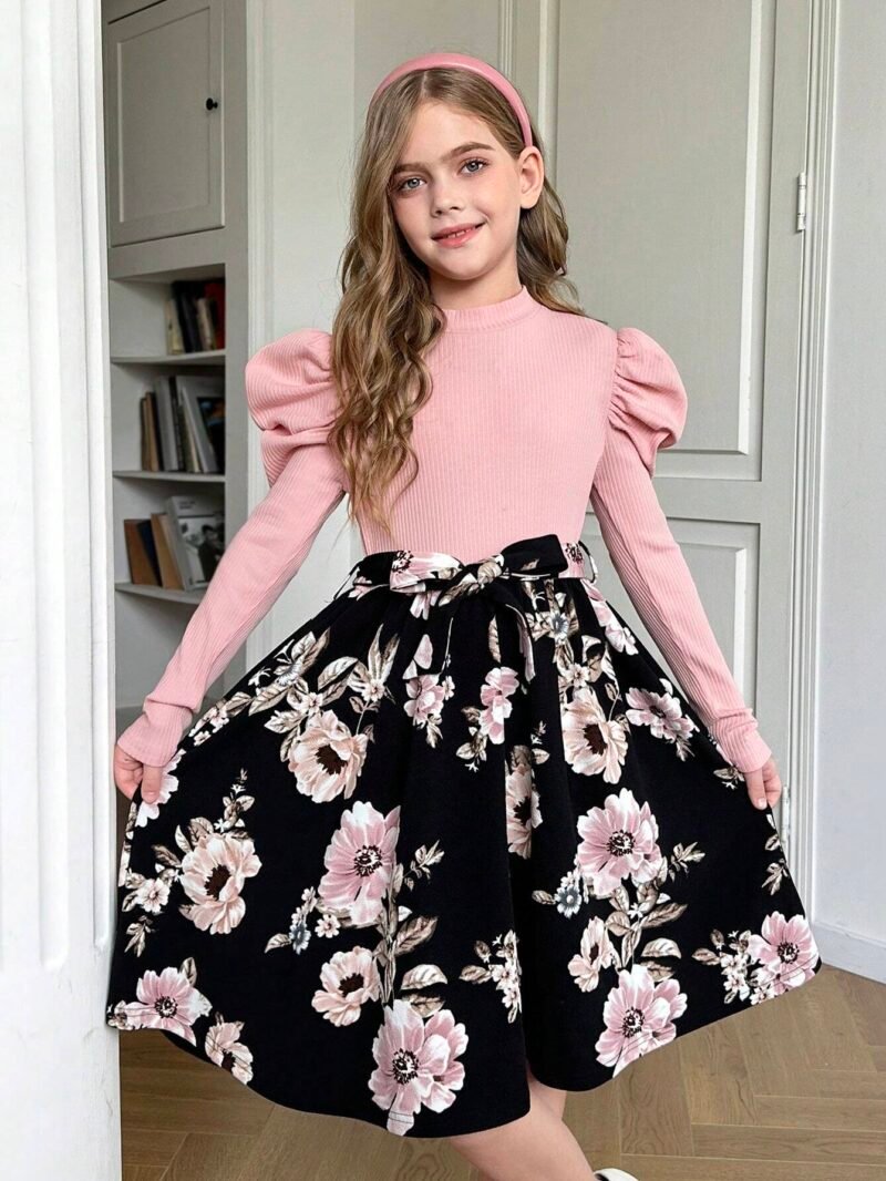 Vestido Rosa Elegante Con Falda Floral Para Niña
