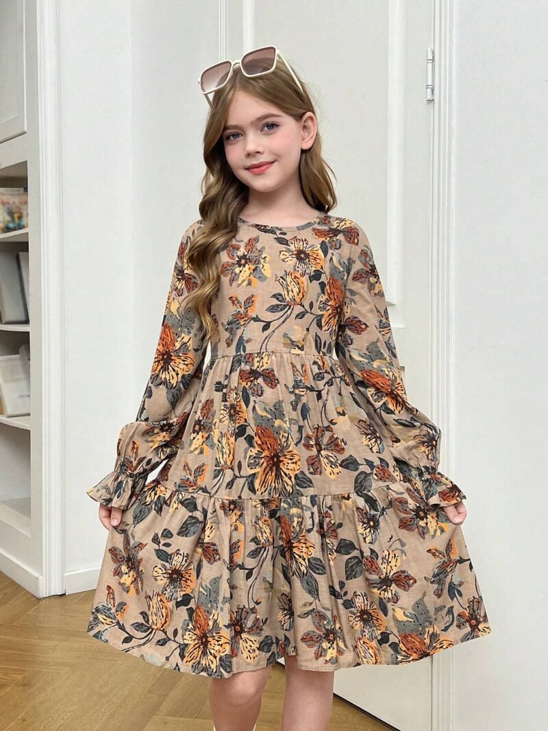 Vestido Caqui Floral Con Mangas De Campana Para Niña