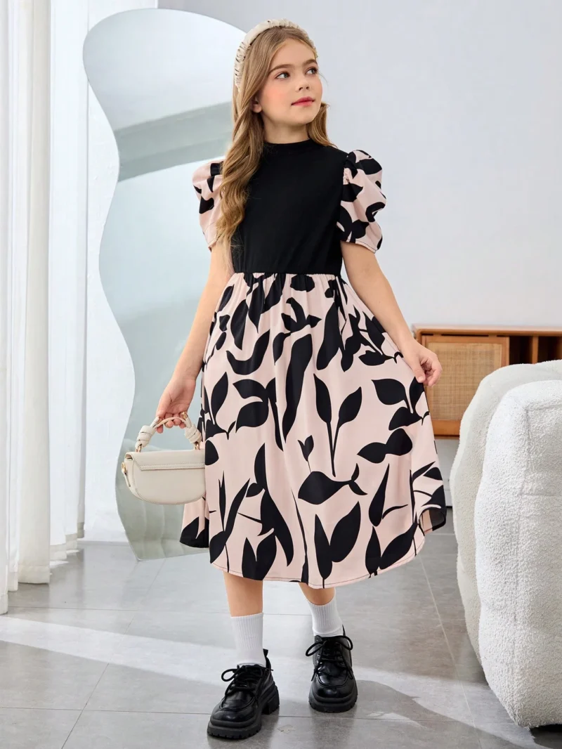 Vestido Elegante Negro Con Estampado De Hojas Para Niña - Imagen 3