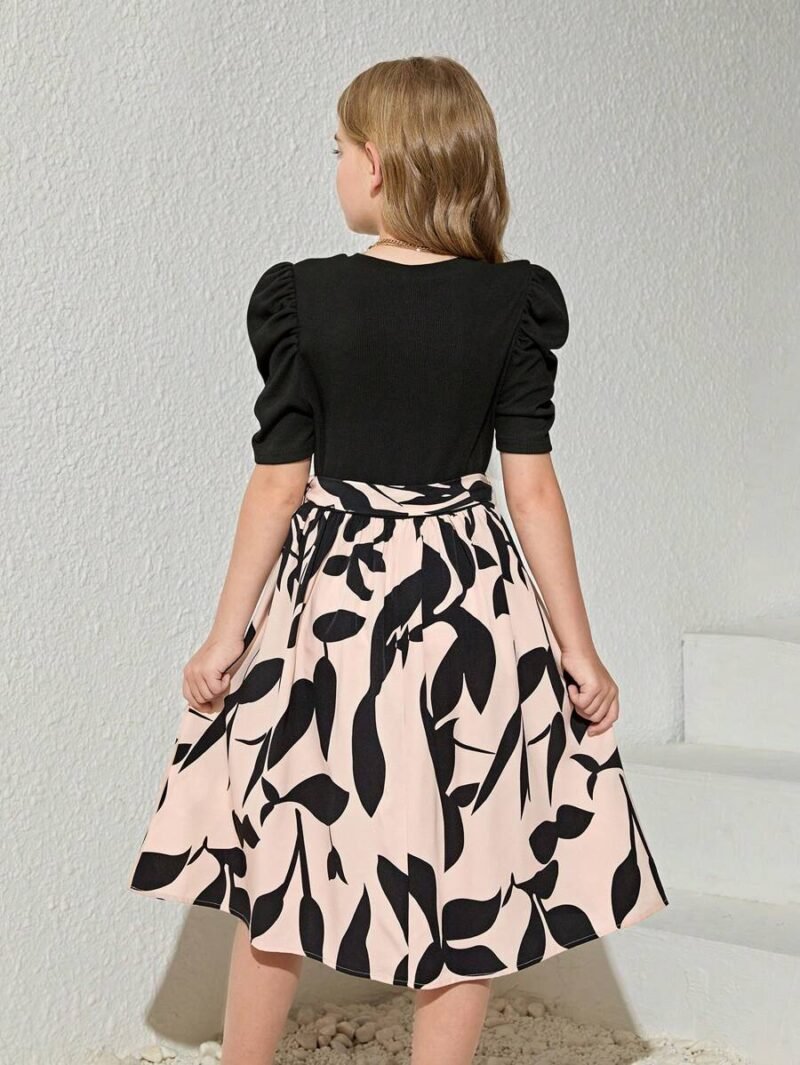 Vestido Negro Con Falda Floral Y Manga Farol Para Niña - Imagen 2