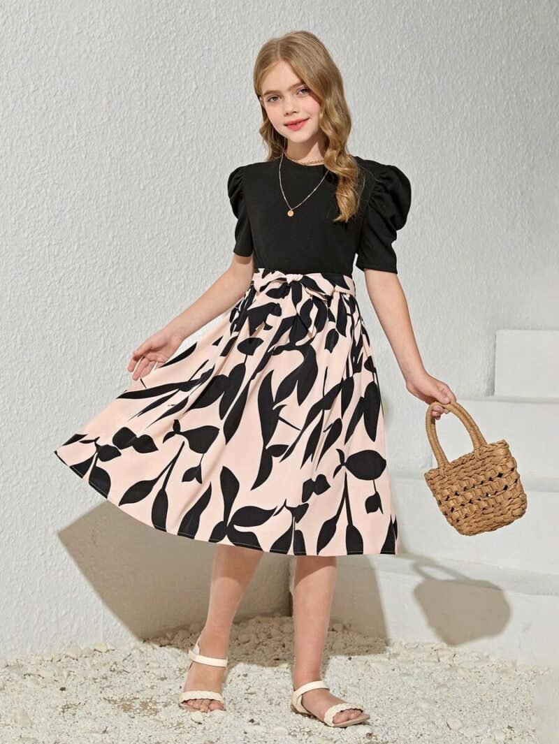 Vestido Negro Con Falda Floral Y Manga Farol Para Niña - Imagen 4